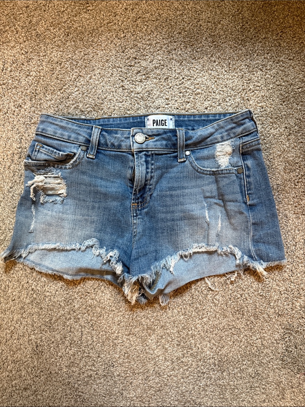 PAIGE Light Blue Distressed Denim Cutoff Shorts